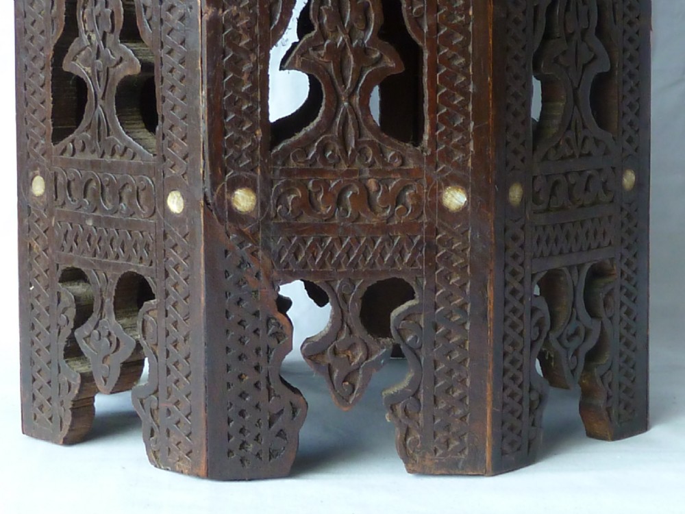 Anglo Indian Carved Teak Mother of Pearl Inlaid Octagonal Table Moorish View V