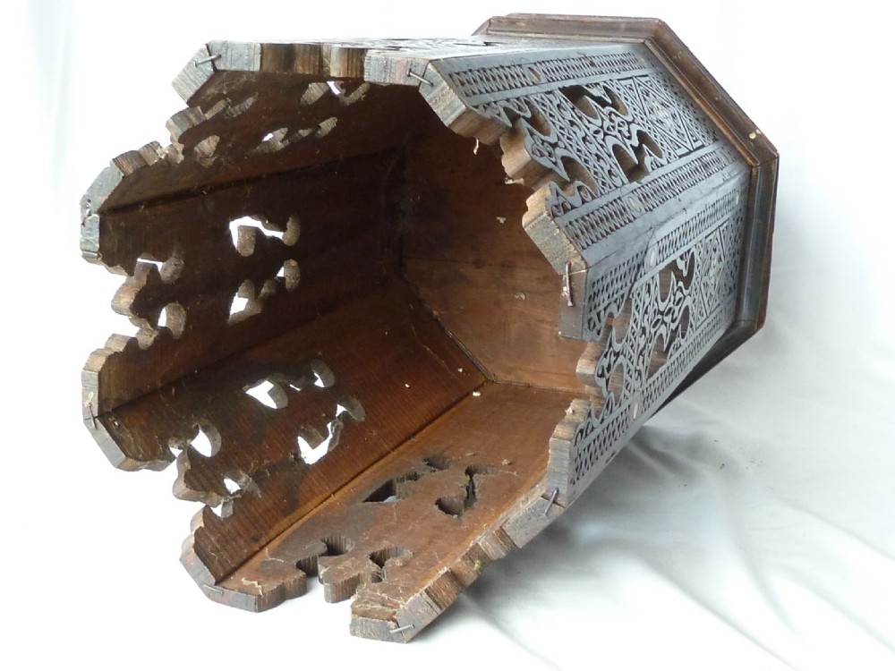 Anglo Indian Carved Teak Mother of Pearl Inlaid Octagonal Table Moorish View VI
