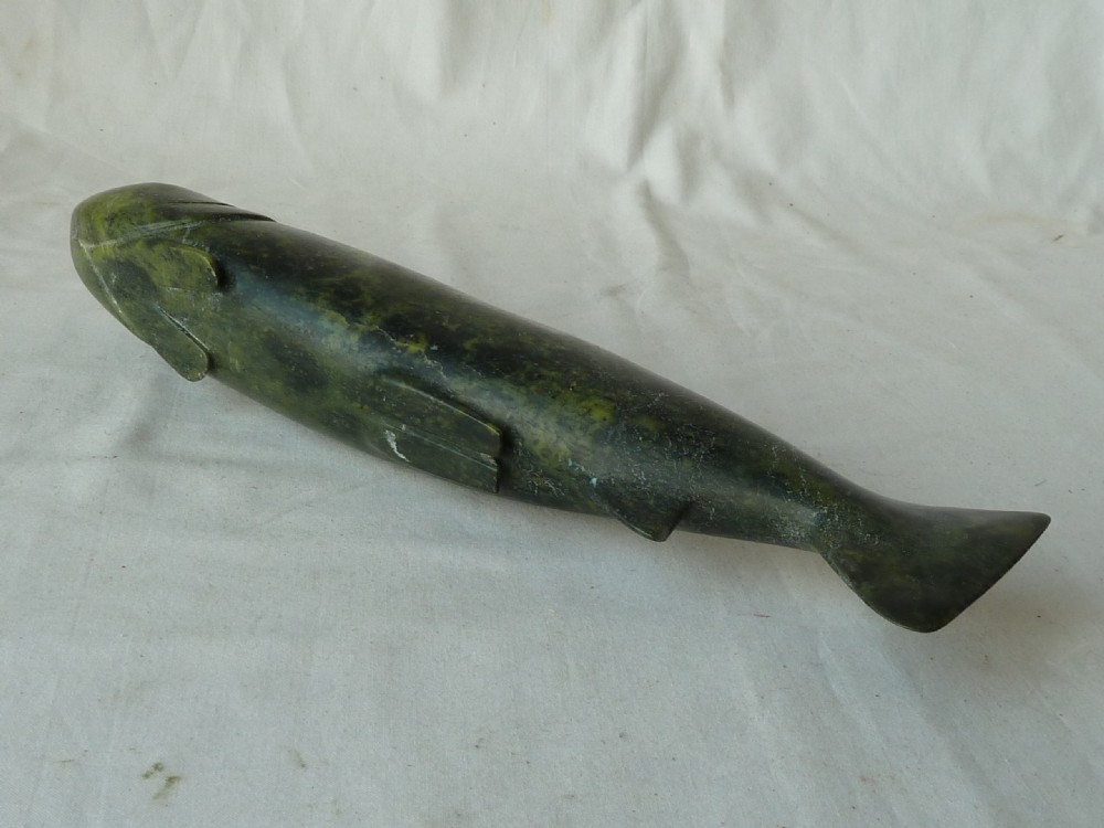 Large 30cm Inuit Eskimo Carving Stone Fish Salmon Greenstone Soapstone Sculpture View VI