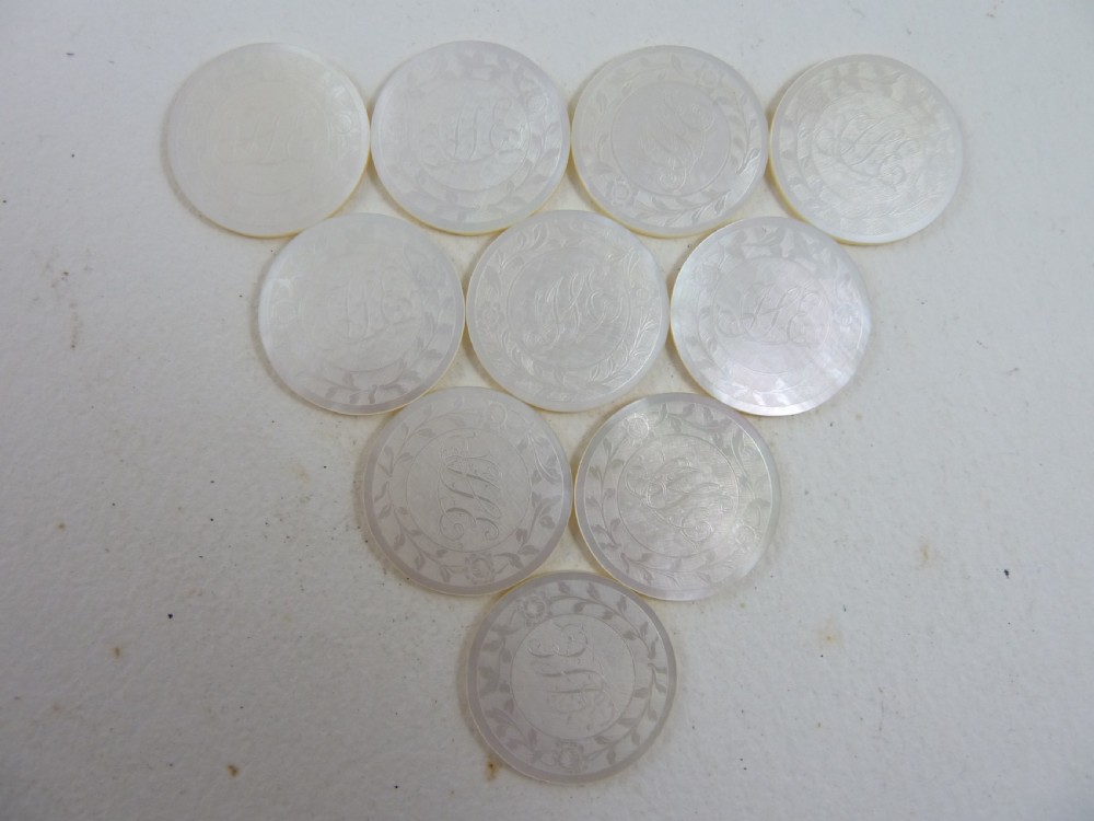50 Chinese MOP Gaming Counters Mother of Pearl Gambling Georgian View III