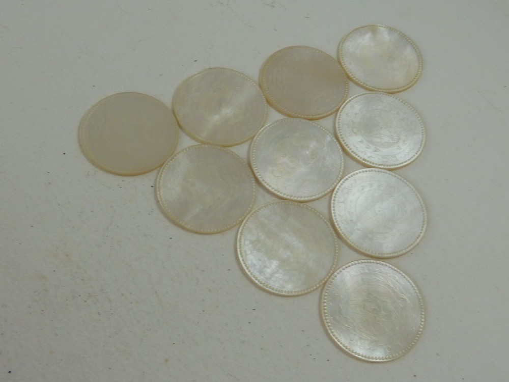 50 Chinese MOP Gaming Counters Mother of Pearl Gambling Georgian View VIII