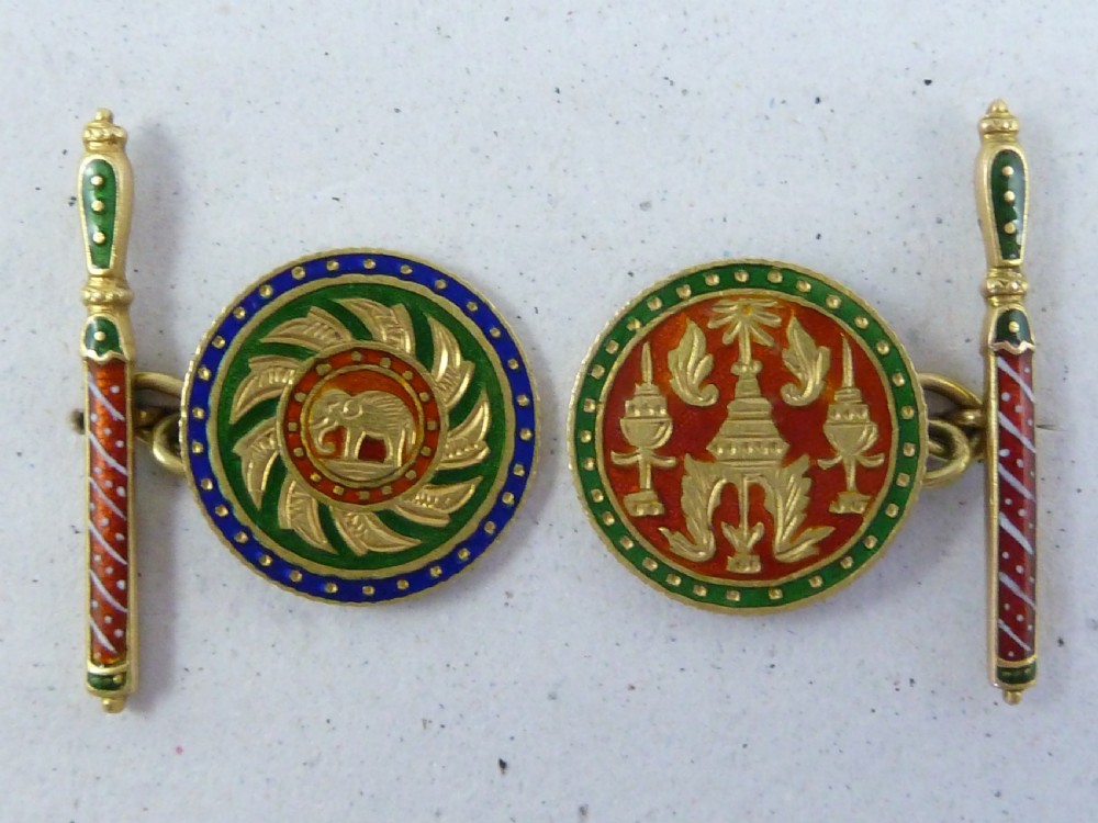 Rama IV Baht Gold Enamel Coin Cufflinks Thailand