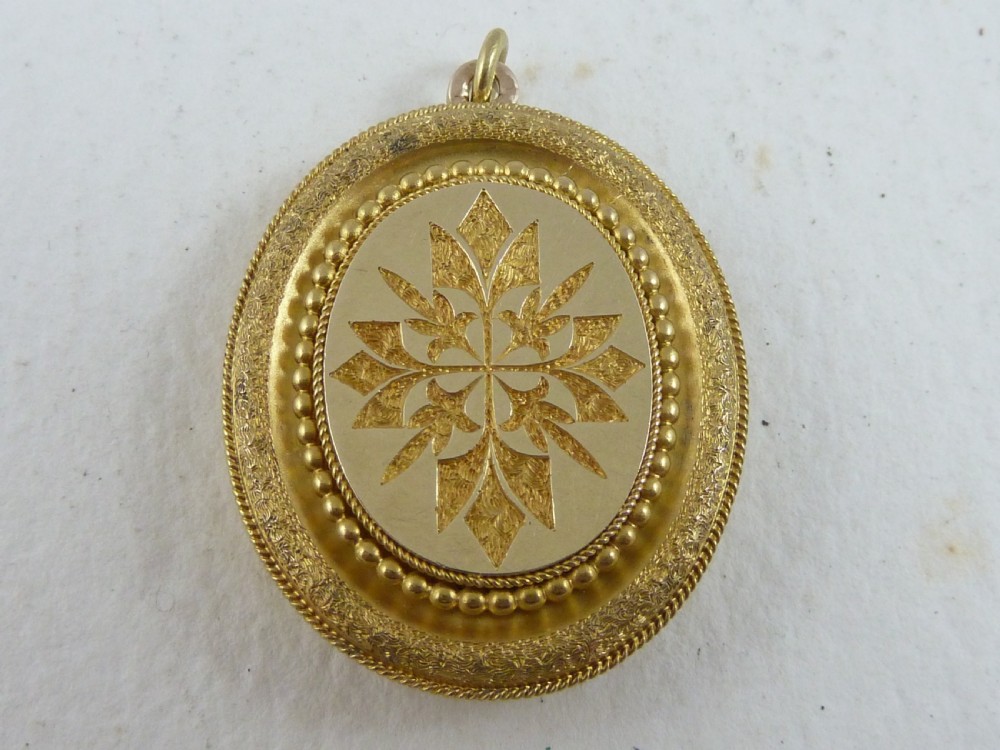 Victorian Solid Yellow Gold Engraved Photo Locket Necklace Pendant 