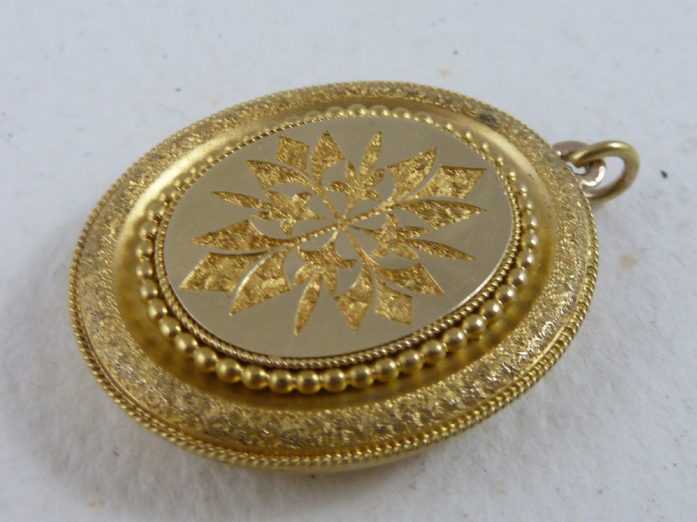 Victorian Solid Yellow Gold Engraved Photo Locket Necklace Pendant  View II