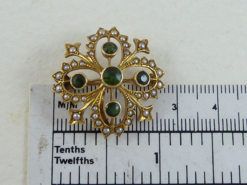Victorian 15K Gold Pendant Brooch Split Seed Pearls Peridot Boxed Hallmarked View V