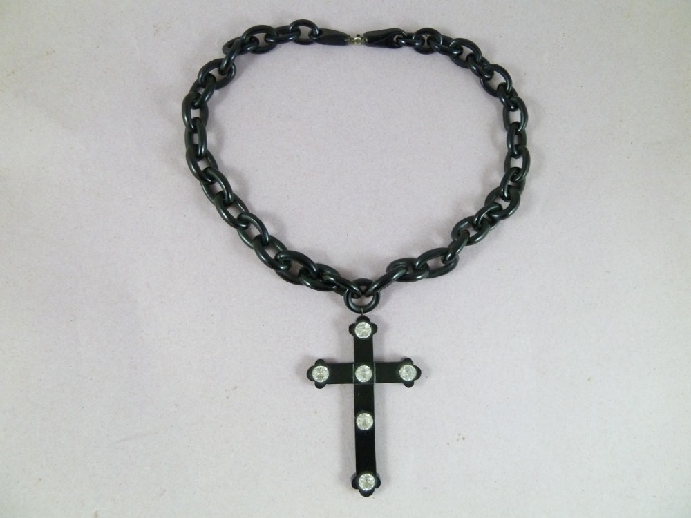 Hand Carved Whitby Jet Cross Paste Chain Necklace Victorian