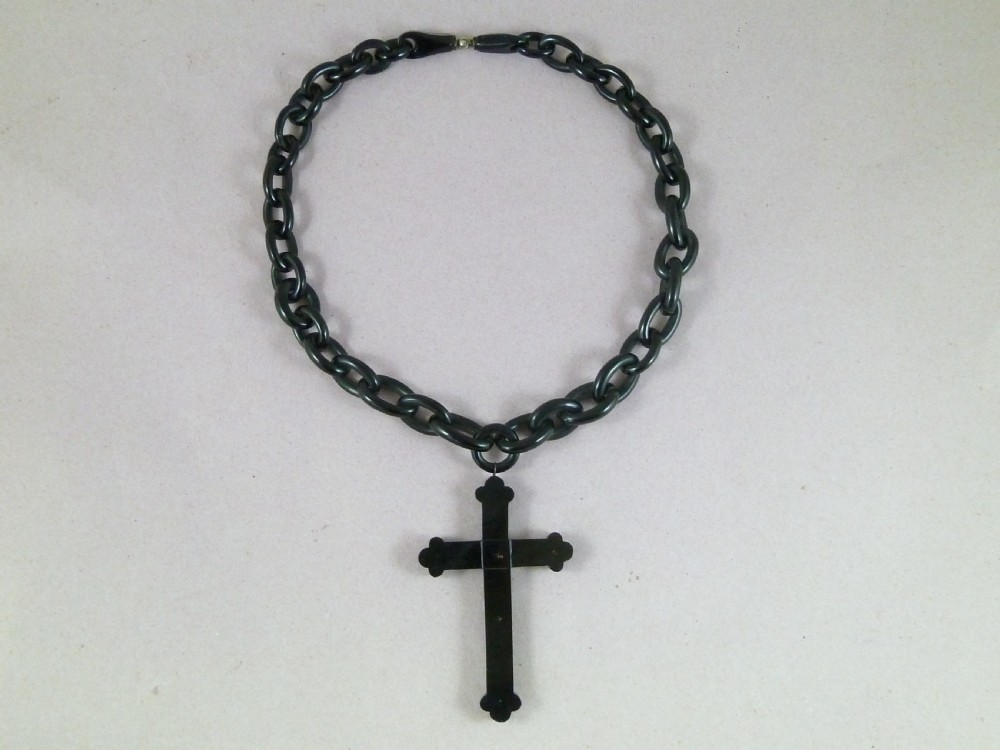 Hand Carved Whitby Jet Cross Paste Chain Necklace Victorian View II