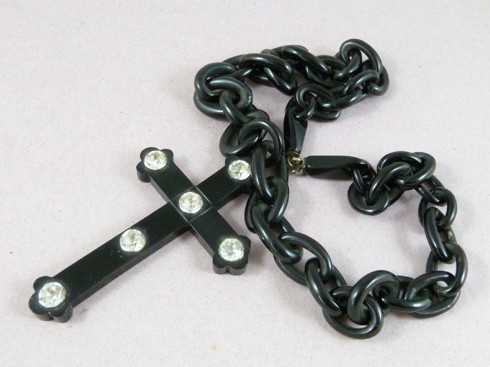 Hand Carved Whitby Jet Cross Paste Chain Necklace Victorian View III