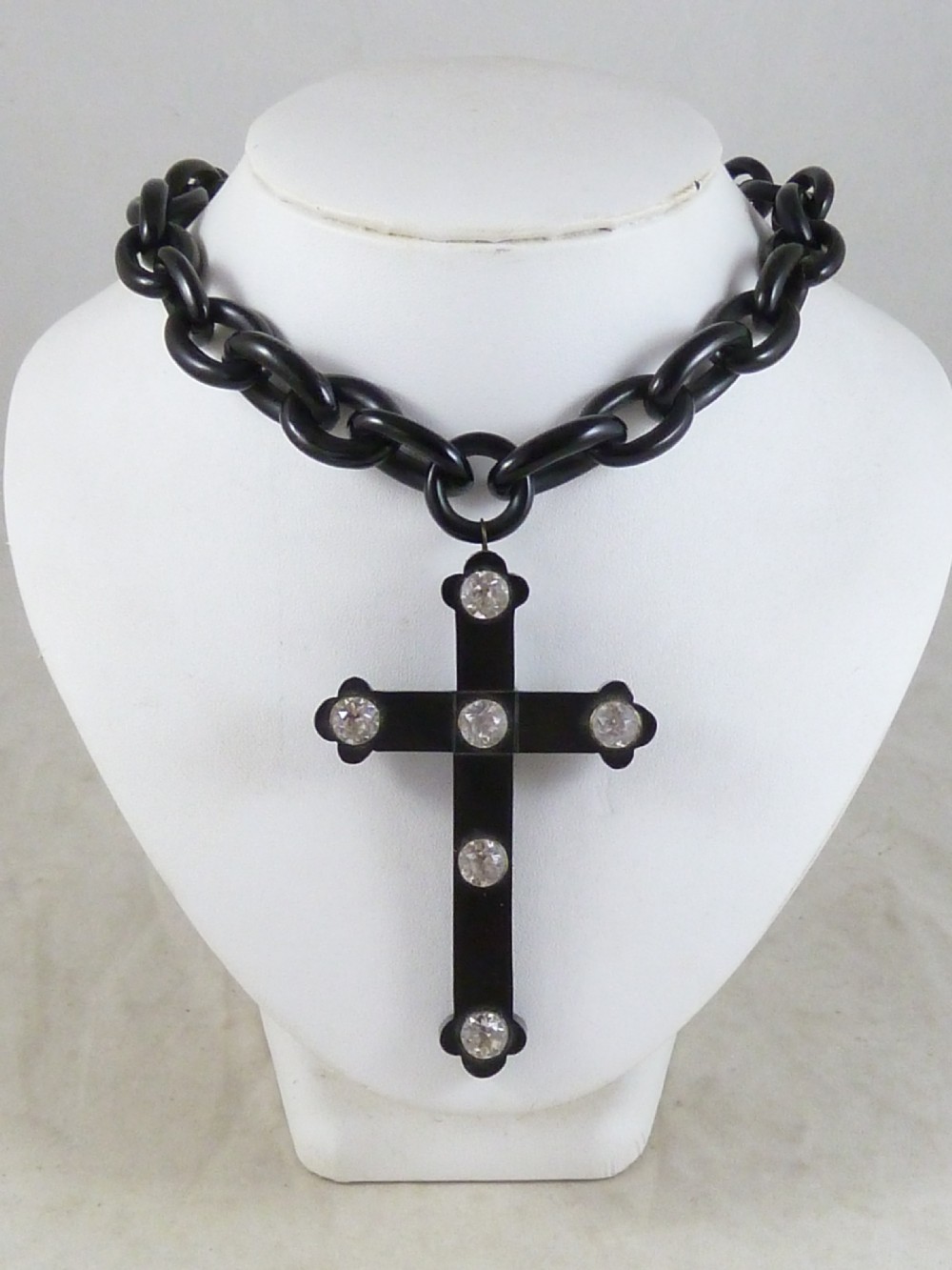 Hand Carved Whitby Jet Cross Paste Chain Necklace Victorian View IV