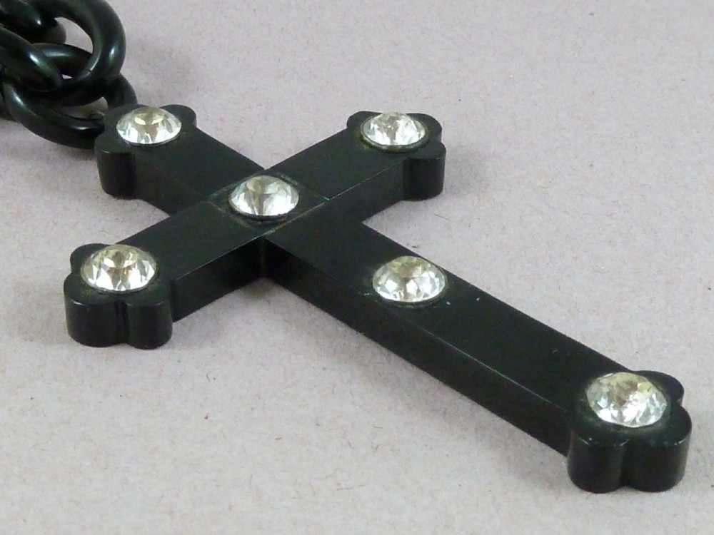 Hand Carved Whitby Jet Cross Paste Chain Necklace Victorian View V