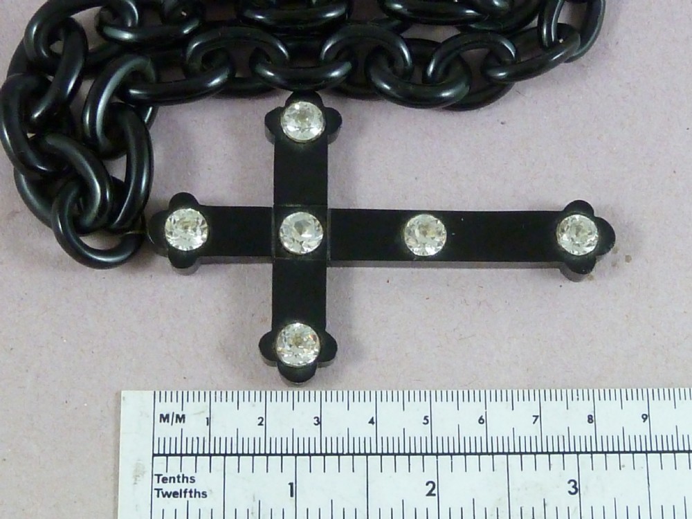 Hand Carved Whitby Jet Cross Paste Chain Necklace Victorian View VI