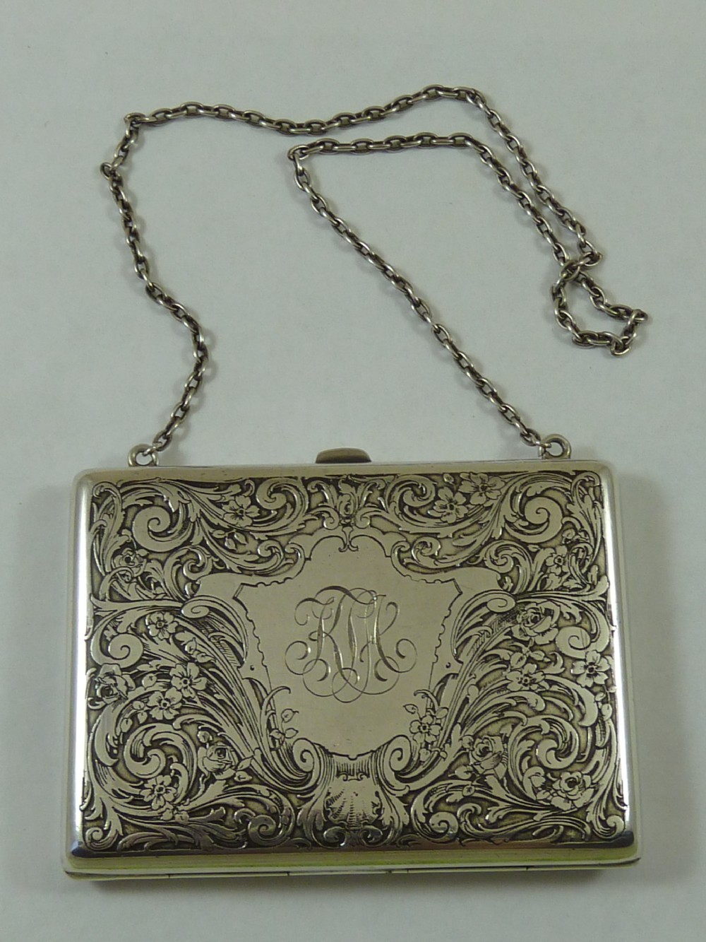 Silver Engraved Dance Card Case Purse Hallmarked Sterling Chatelaine Visiting Calling Chain