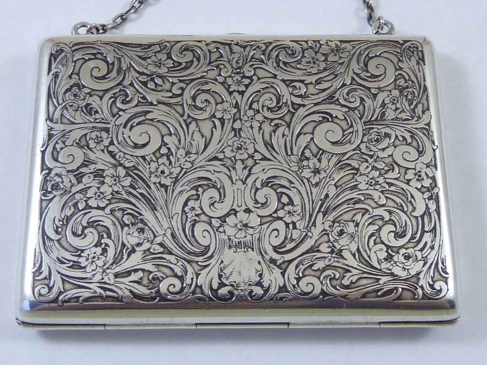 Silver Engraved Dance Card Case Purse Hallmarked Sterling Chatelaine Visiting Calling Chain View II
