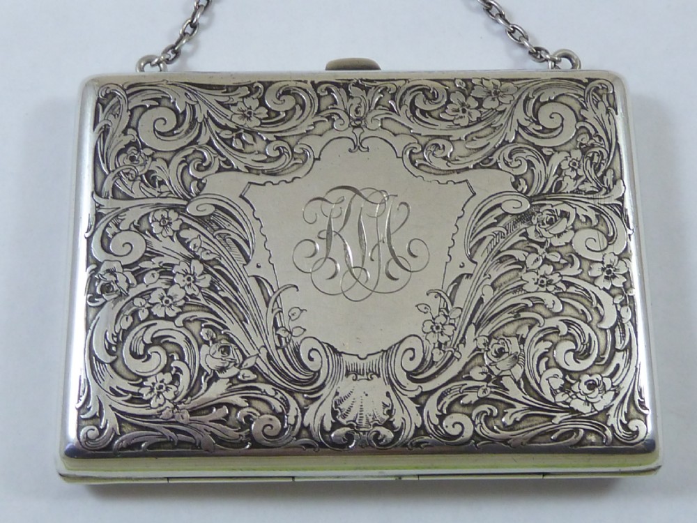 Silver Engraved Dance Card Case Purse Hallmarked Sterling Chatelaine Visiting Calling Chain View III