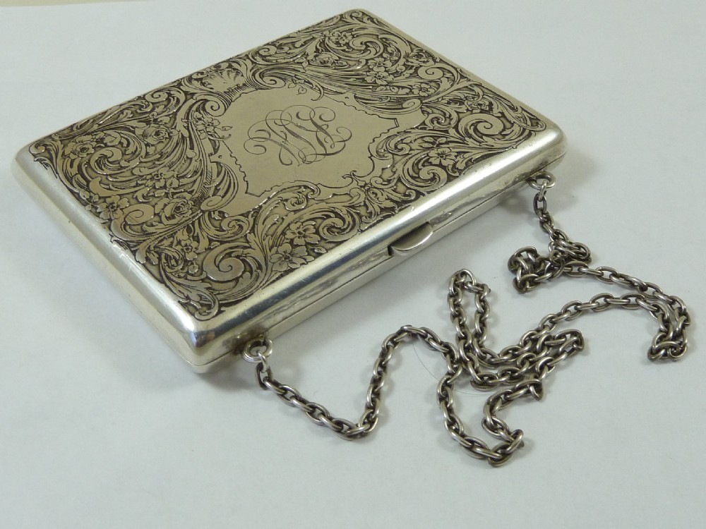 Silver Engraved Dance Card Case Purse Hallmarked Sterling Chatelaine Visiting Calling Chain View IV