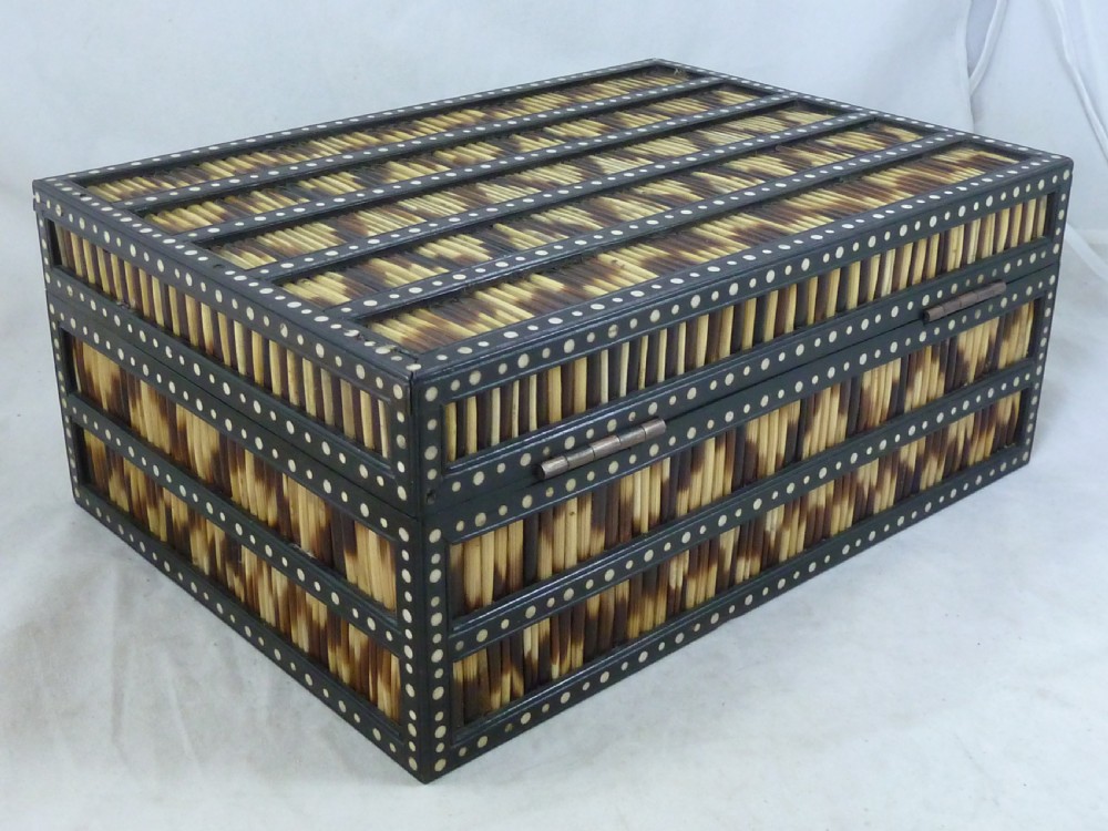 Anglo Indian Ceylon Porcupine Quill Box Jewellery Treasure Bone Ebony  View II
