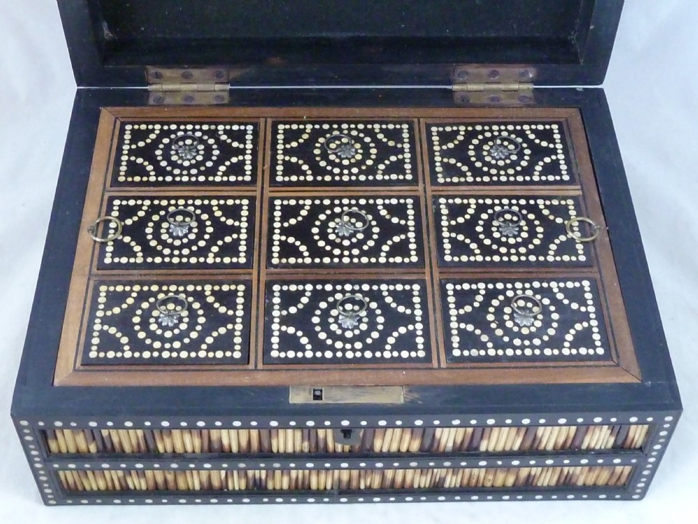 Anglo Indian Ceylon Porcupine Quill Box Jewellery Treasure Bone Ebony  View IV