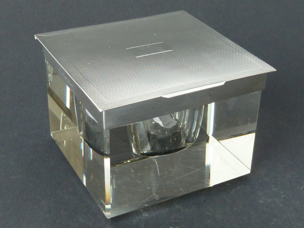 Extra Large Art Deco Inkwell 1936 Silver & Glass Engine Engraved