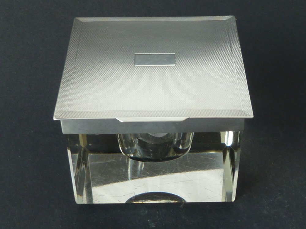 Extra Large Art Deco Inkwell 1936 Silver & Glass Engine Engraved View II