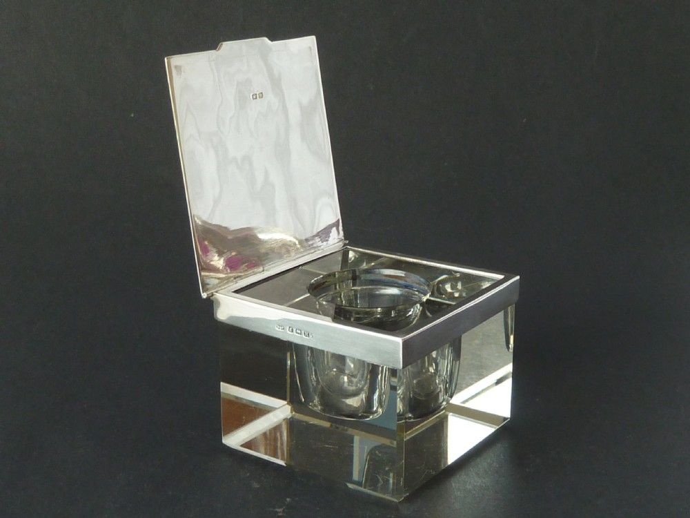 Extra Large Art Deco Inkwell 1936 Silver & Glass Engine Engraved View IV