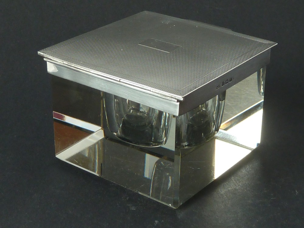 Extra Large Art Deco Inkwell 1936 Silver & Glass Engine Engraved View VII