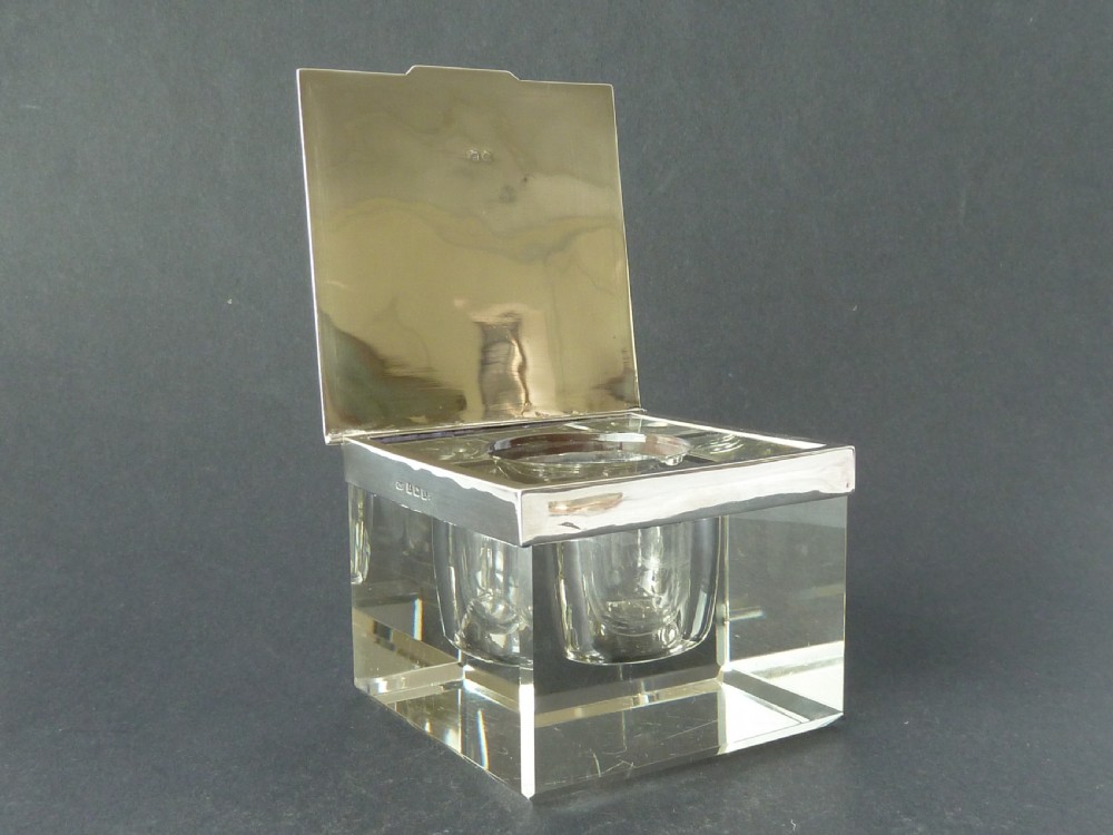 Extra Large Art Deco Inkwell 1936 Silver & Glass Engine Engraved View VIII