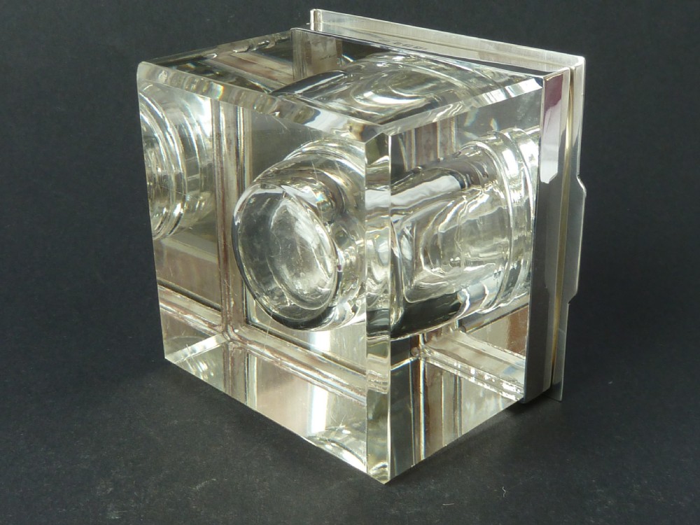 Extra Large Art Deco Inkwell 1936 Silver & Glass Engine Engraved View IX