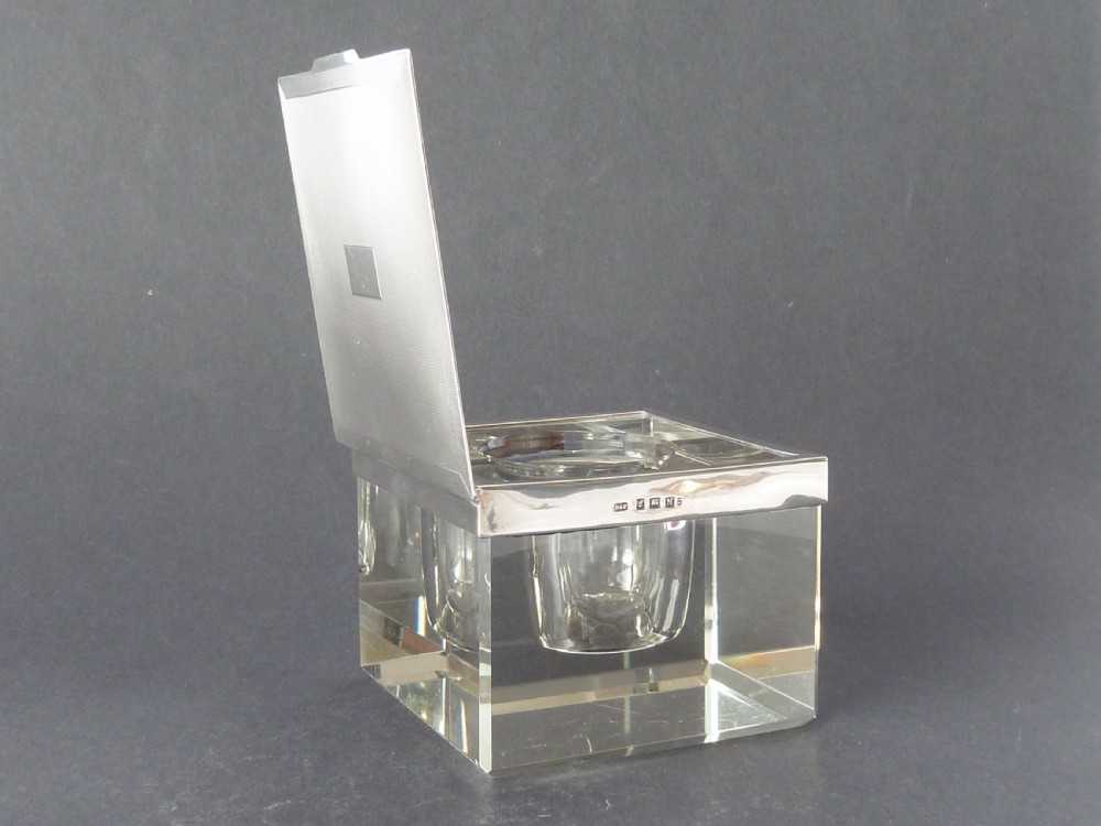 Extra Large Art Deco Inkwell 1936 Silver & Glass Engine Engraved View X