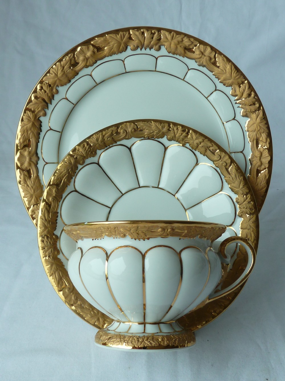 Meissen Golden Baroque Set Porcelain Trio Cup Saucer Plate Cross Swords German