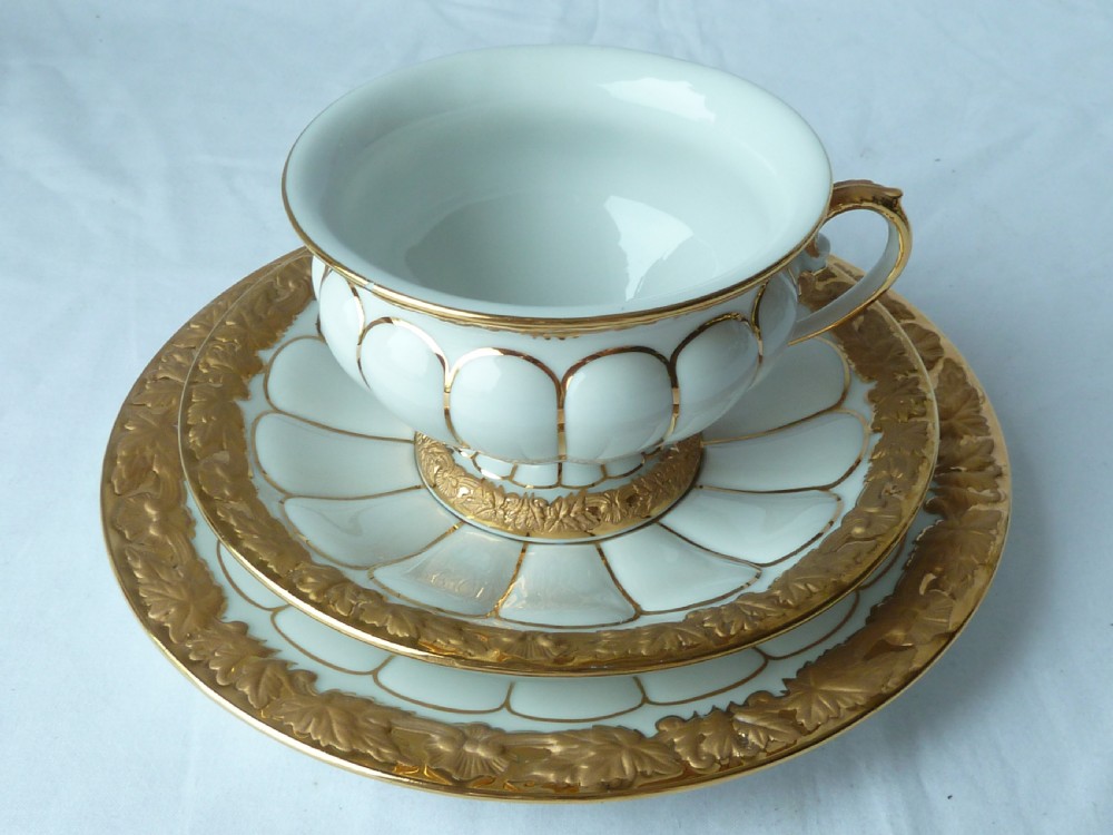 Meissen Golden Baroque Set Porcelain Trio Cup Saucer Plate Cross Swords German View II