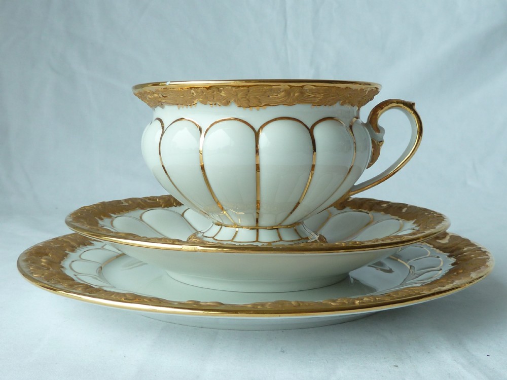 Meissen Golden Baroque Set Porcelain Trio Cup Saucer Plate Cross Swords German View III
