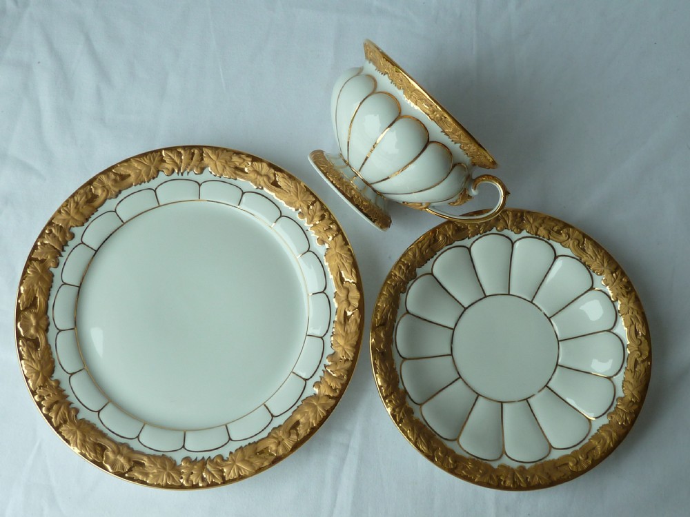 Meissen Golden Baroque Set Porcelain Trio Cup Saucer Plate Cross Swords German View IV