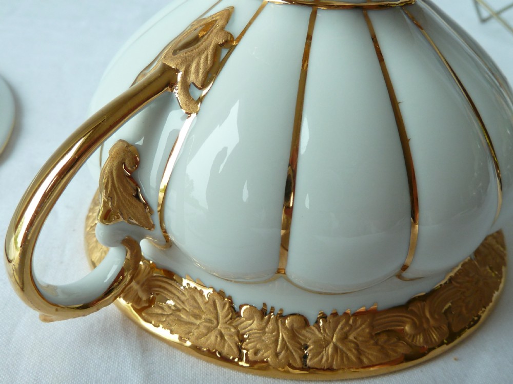 Meissen Golden Baroque Set Porcelain Trio Cup Saucer Plate Cross Swords German View VII