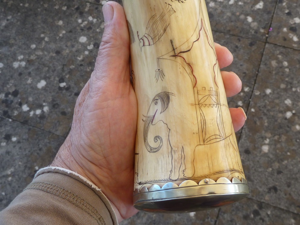 Engraved Powder Horn Naive Folk Art Armorial Mounted View XII