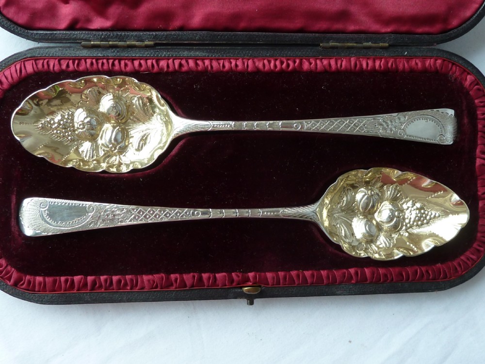 Pair boxed Georgian / Victorian Berry Serving Table Spoons Silver View II