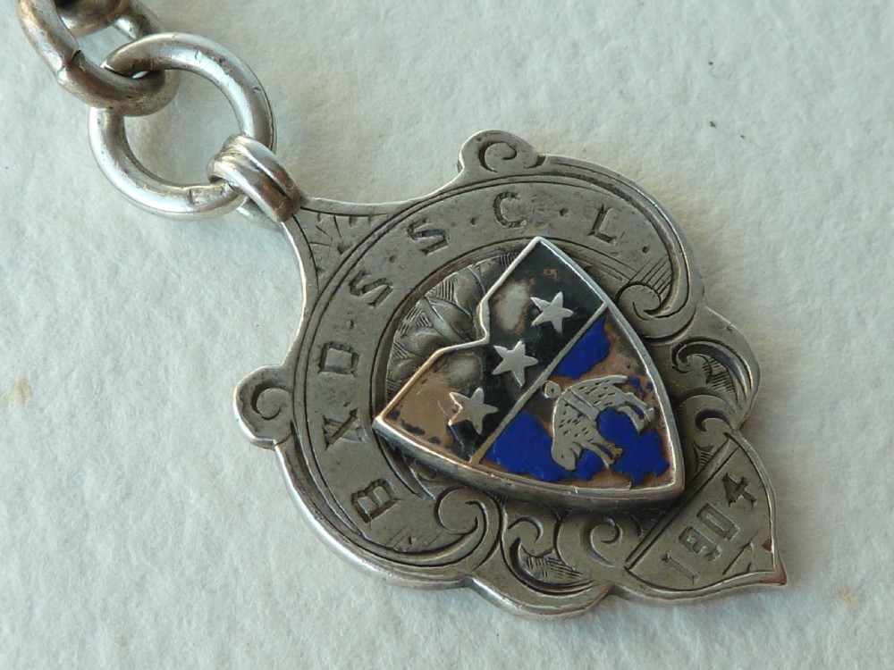 A solid sterling silver Victorian Albert pocket watch chain featuring curb links, a T-bar, swivel clasp, and a heraldic enamelled shield fob. View IX