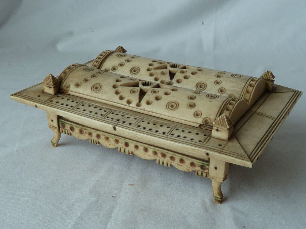Napoleonic French Prisoner of War Carved Bone Domed Box Dominos Crib Double Nine POW