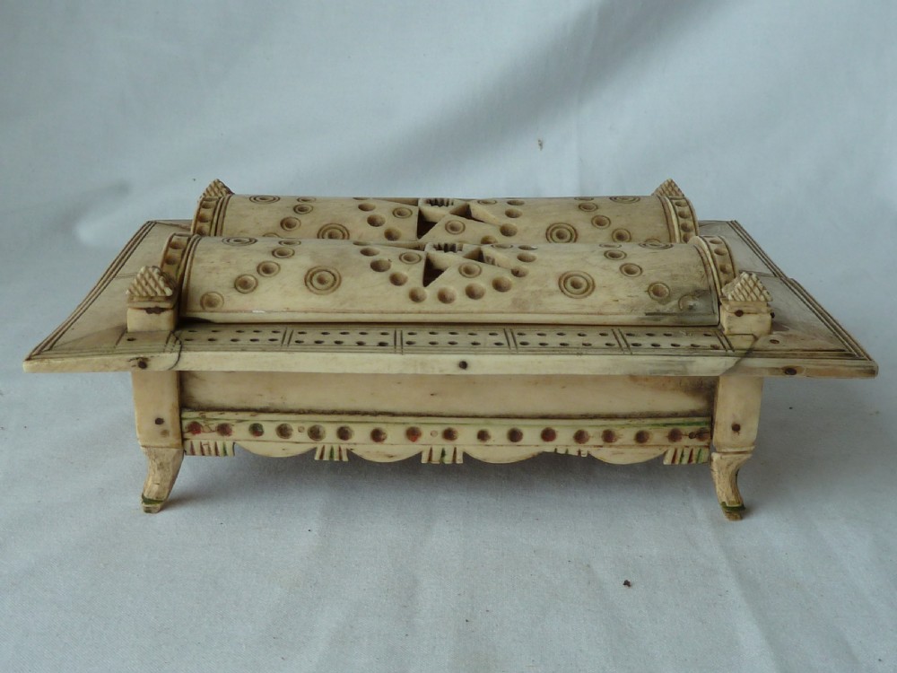 Napoleonic French Prisoner of War Carved Bone Domed Box Dominos Crib Double Nine POW View II