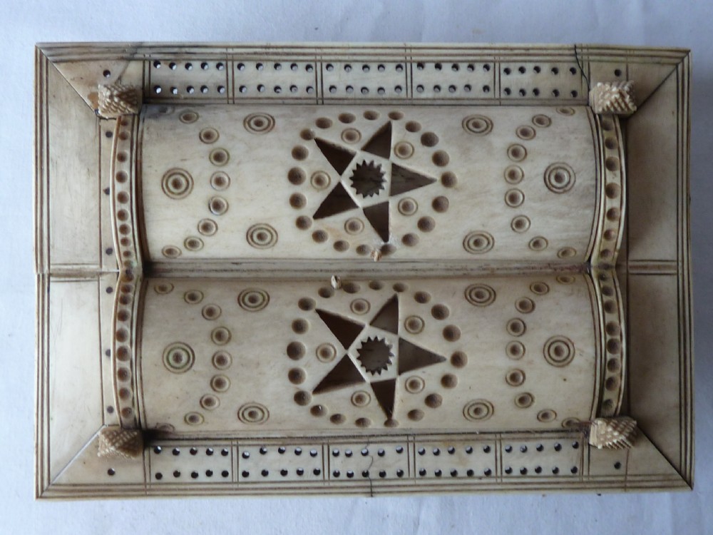 Napoleonic French Prisoner of War Carved Bone Domed Box Dominos Crib Double Nine POW View III