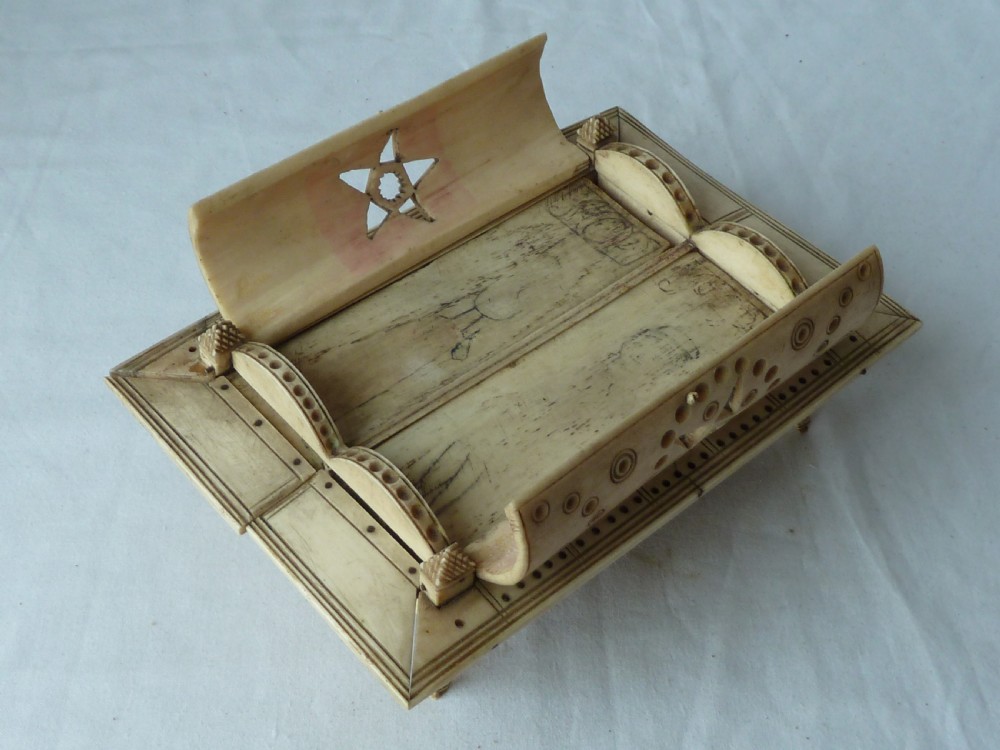 Napoleonic French Prisoner of War Carved Bone Domed Box Dominos Crib Double Nine POW View IV
