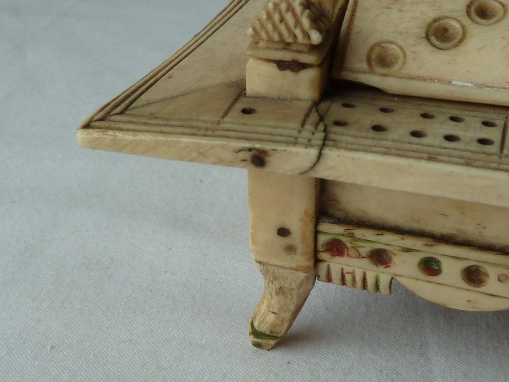Napoleonic French Prisoner of War Carved Bone Domed Box Dominos Crib Double Nine POW View XI