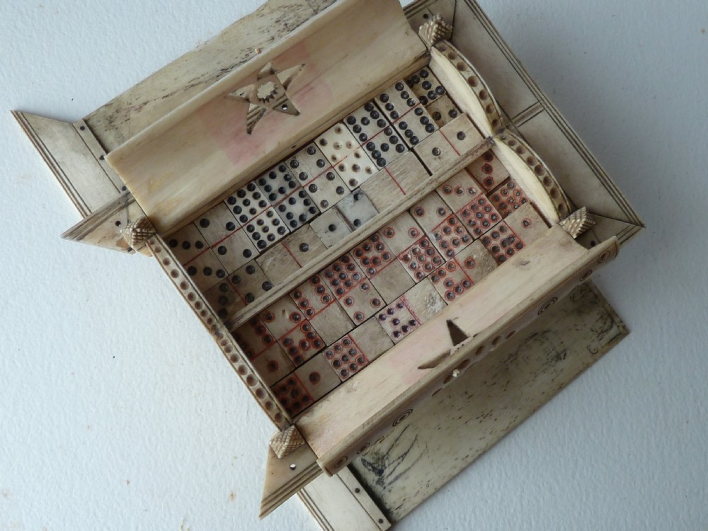 Napoleonic French Prisoner of War Carved Bone Domed Box Dominos Crib Double Nine POW View XIII