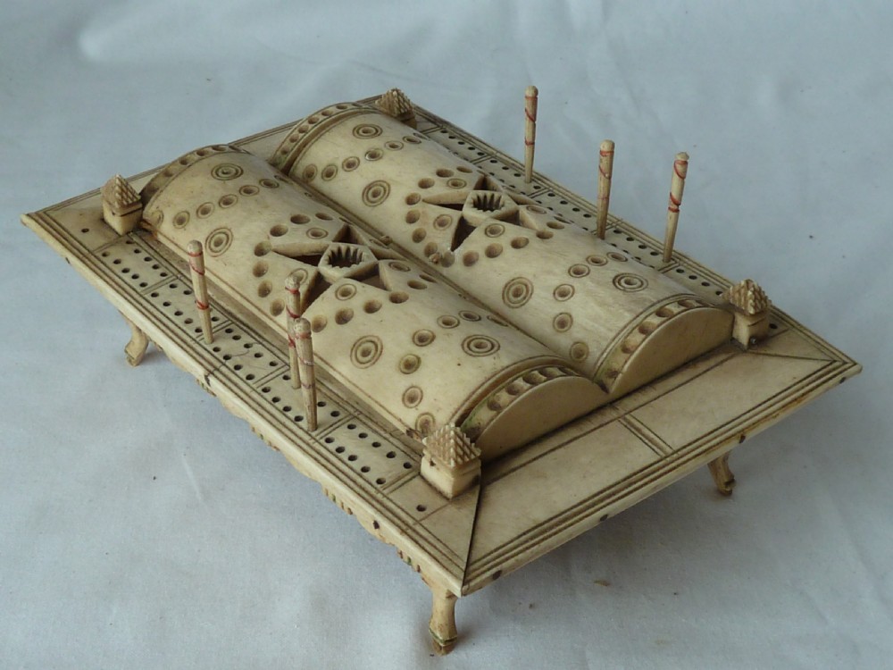 Napoleonic French Prisoner of War Carved Bone Domed Box Dominos Crib Double Nine POW View XV