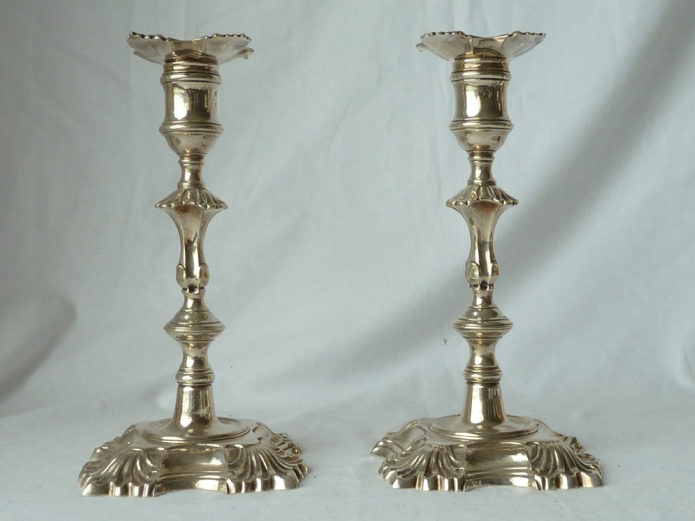 Pair John Café 1752 Georgian Cast Silver Candlesticks