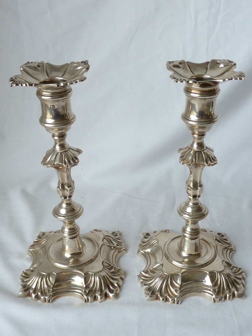 Pair John Café 1752 Georgian Cast Silver Candlesticks View II