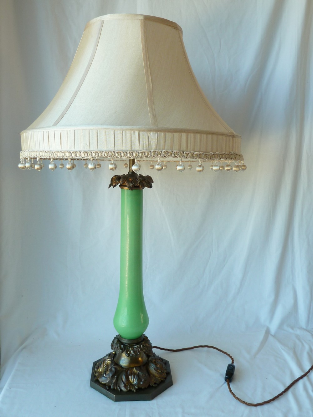 Large English Victorian Gilt Brass Green Opaline Glass Column Table Lamp Rococo Revival