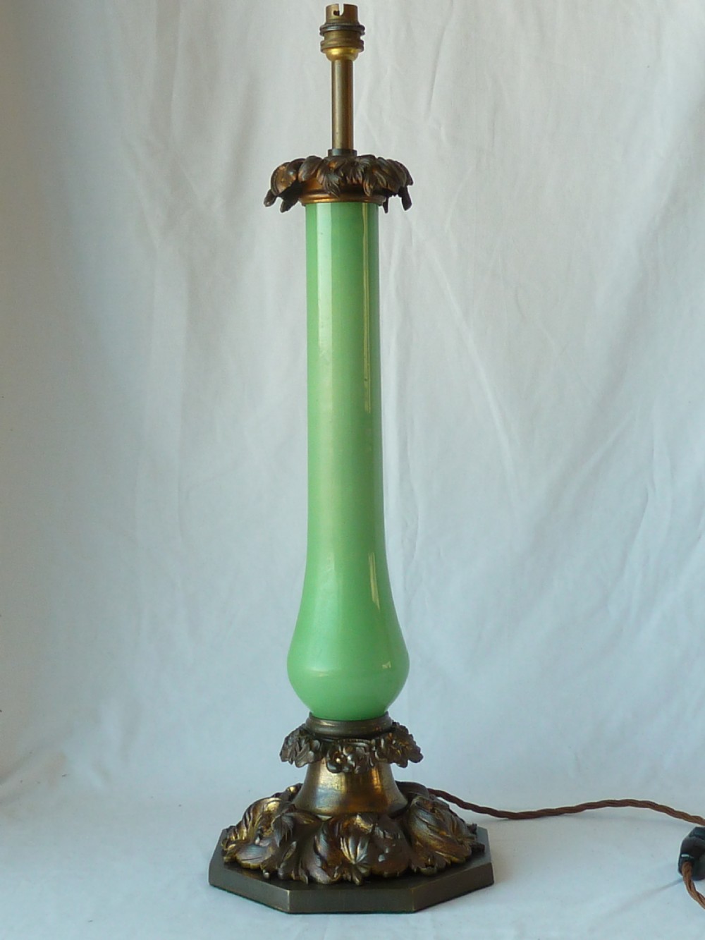 Large English Victorian Gilt Brass Green Opaline Glass Column Table Lamp Rococo Revival View II