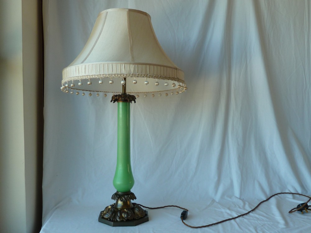 Large English Victorian Gilt Brass Green Opaline Glass Column Table Lamp Rococo Revival View III