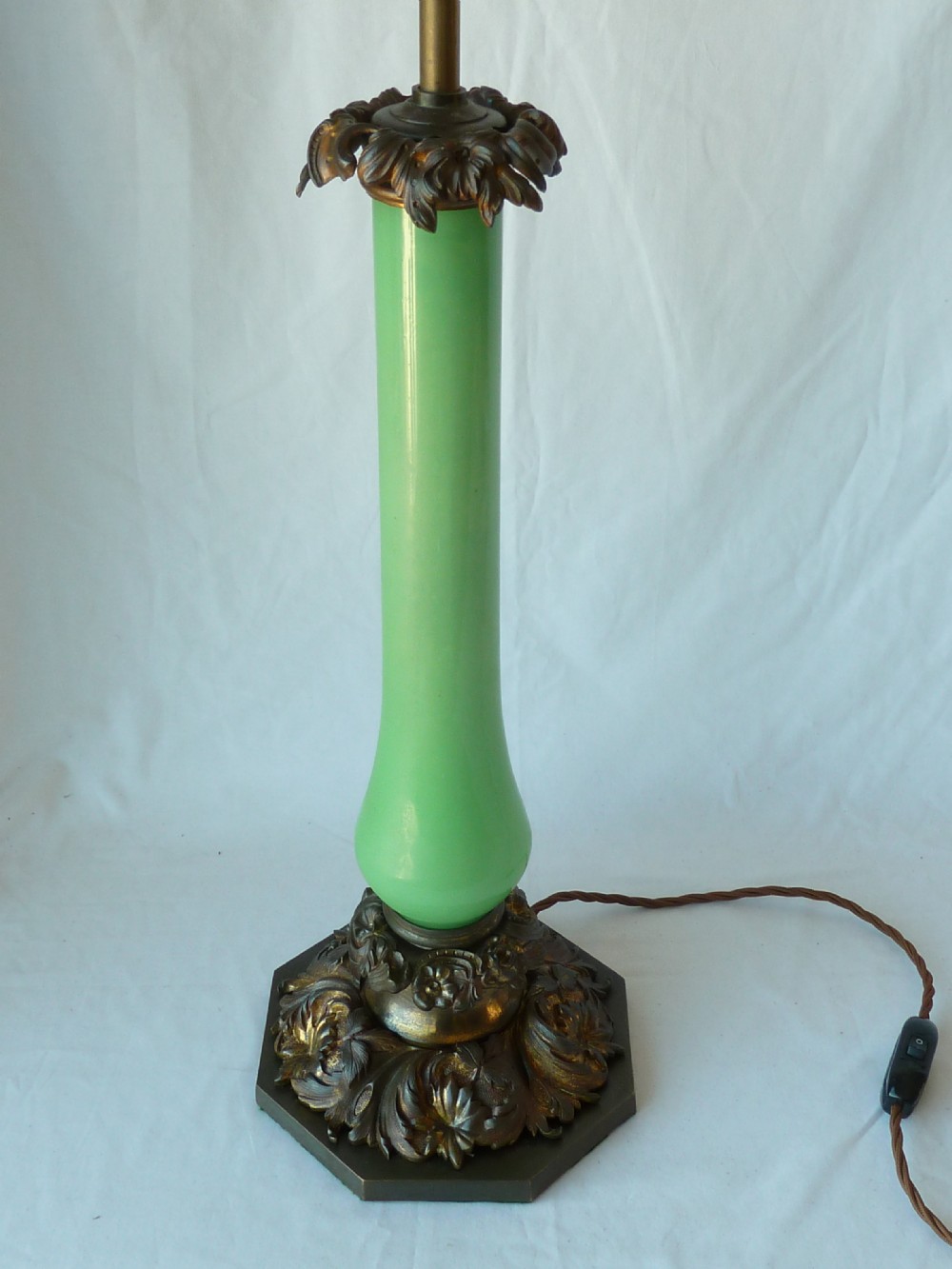 Large English Victorian Gilt Brass Green Opaline Glass Column Table Lamp Rococo Revival View IV