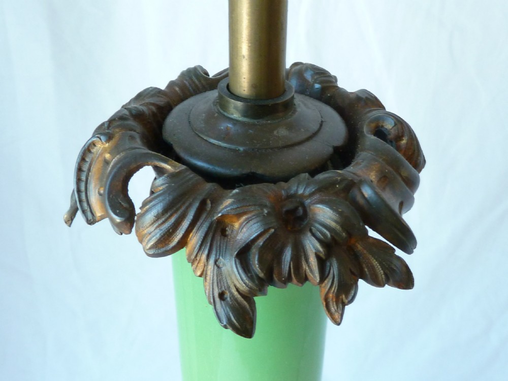 Large English Victorian Gilt Brass Green Opaline Glass Column Table Lamp Rococo Revival View V